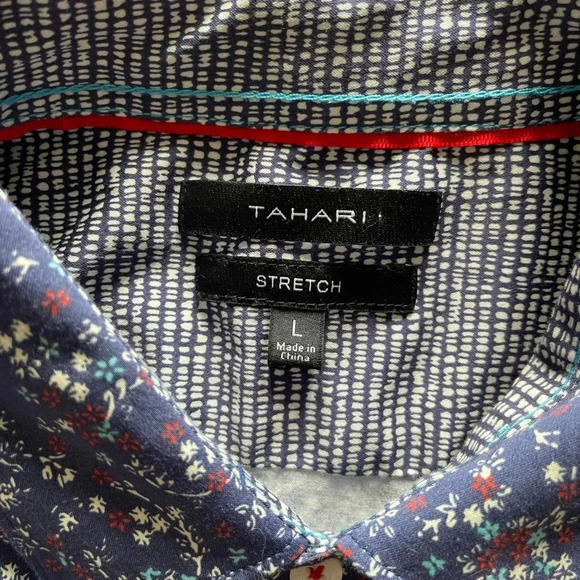 Tahari Stretch Short Sleeve Button Down Navy Patterned Shirt Men’s Large - Picture 5 of 10